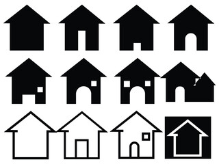 Collection home icons. House symbol. Set of real estate objects and houses black icons isolated on white background. Vector illustration.