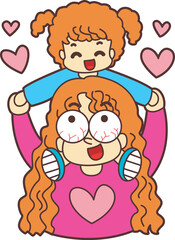 Happy Mothers Day character cartoon mom and daughter.
Mom and son illustration with heartwarming design.