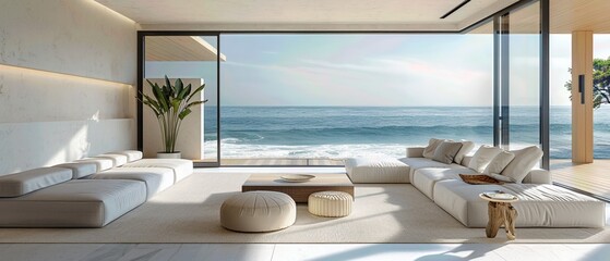 Serene Beachfront Minimalist Living Room Interior with Modern Sofa and Large Windows 