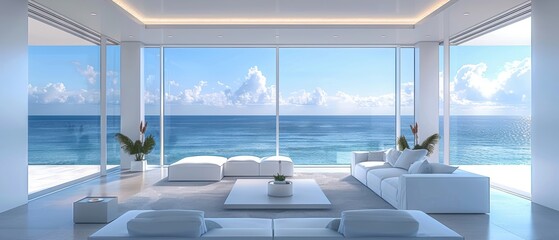 Fototapeta premium Serene Coastal Elegance: Luxurious Minimalist Living Room with Floor-to-Ceiling Windows and Ocean View 