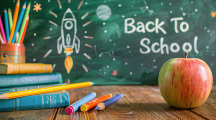 Back to School Concept. Pencils, Books, Apel, Colorful Stationery. Education and School Supplies. Blackboard Background with Written Back to School.
