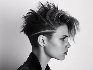 A model with an undercut hairstyle, posing with attitude