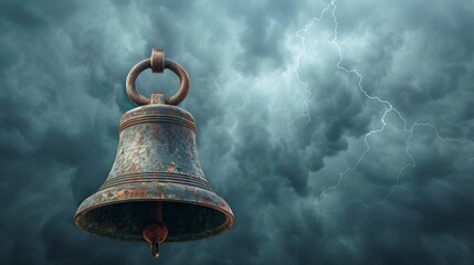 Intricate bell metal service shimmering with lightning energy, stormy sky backdrop, dramatic contrast of metal and storm
