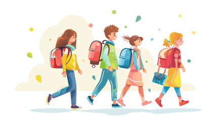 Illustration of schoolchildren with backpacks in cartoon style, holding hands, going to school. Back to school. Children go to school. Back view.