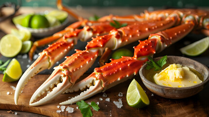 Succulent Crab Legs Served with Drawn Butter and Zesty Lime Wedges in Bright,Hyper-Detailed Photography