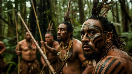 Obraz premium Members of the Maori Tribe are hunting in the dense forest, wearing traditional clothing with typical Maori facial tattoos and traditional weapons such as spears and taiaha