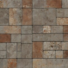 Obraz premium Old brown gray vintage shabby patchwork motif tiles stone concrete cement wall texture background banner Gerenative AI