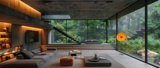 Modern Villa Living Room with Concrete Walls and Forest View in Warm Light, Dark Mood, and Quality