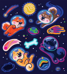 Stickers with cute cartoon huskies astronauts in the space