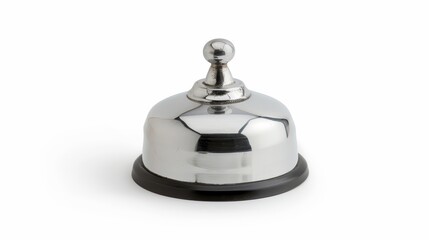 Shiny silver service bell, close-up view, isolated on white, emphasizing reflections and surface details