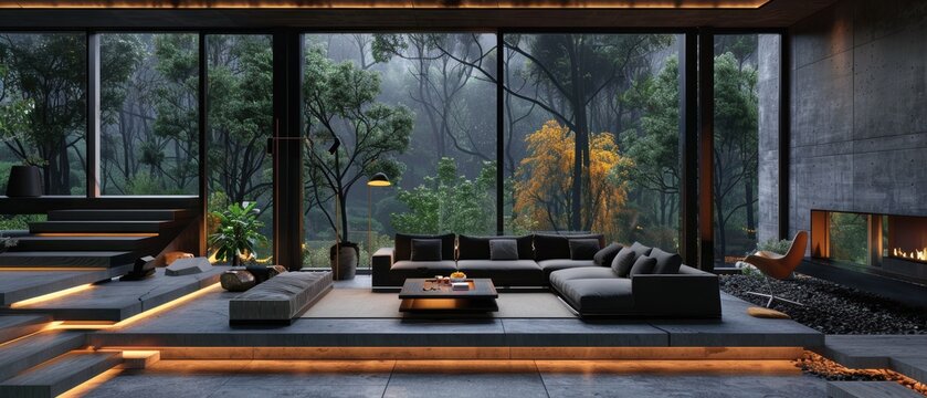 Fototapeta Modern Villa Living Room with Forest View and Concrete Walls in Dark Moody Setting - Interior Design Concept with Warm Lighting and Stylish Decor,
