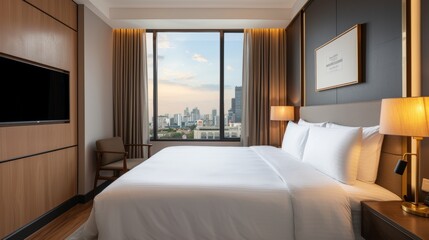 Obraz premium Spacious modern hotel room with panoramic city view, king-size bed, stylish decor, and natural light flooding through large windows, inviting and serene atmosphere