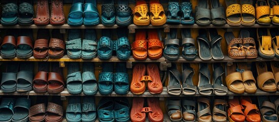 A Colorful Display of Sandals for Sale