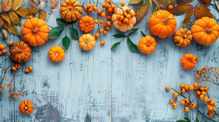 Autumn harvest arrangement  pumpkins, fall leaves, rowan berries on white wood with space for text