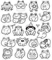 Collection of cute little frogs characters in outline, kawaii style