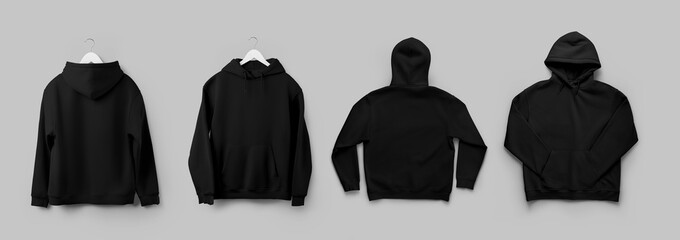 Mockup of black hoodie oversize, presentation on a hanger, unfolded, isolated on background, front,...