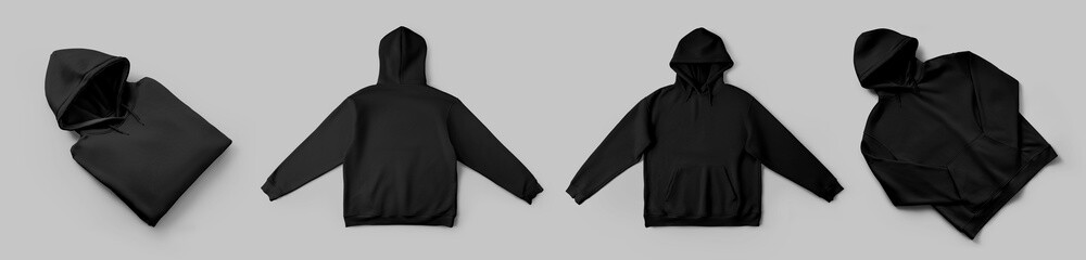 Mockup of black oversized hoodie, presentation of folded, unfolded streetwear diagonally, front,...