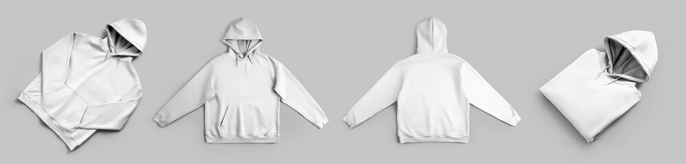 White hoodie mockup, presentation of folded, unfolded streetwear diagonally, for design, branding, front, back view. Set