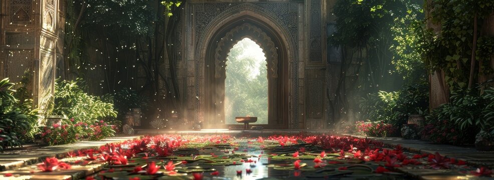 Islamic Garden with Archway and Flowered Pool
