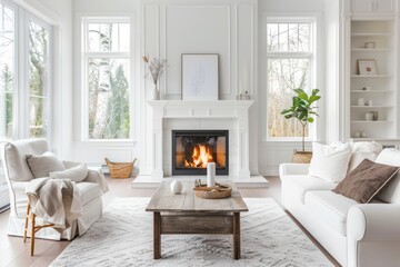 Obraz premium Modern white living room interior with fireplace. mock up