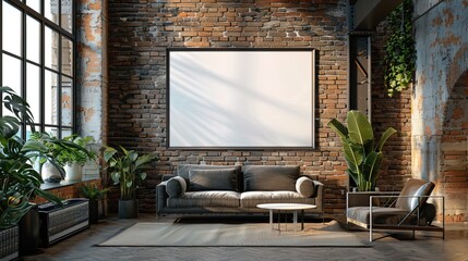 Modern, frameless blank white poster hanging on a textured brick wall in a chic urban loft, accentuated by subtle ambient lighting