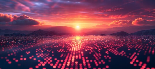 Futuristic AI Technology Landscape with Sunrise and Digital Grid