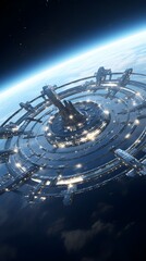 Futuristic Starship Fleet Approaching Massive Space Station in Science Fiction Space Scene