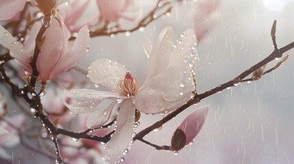 Close-up of wet magnolia tree branch, soft white-pink blur background, rain drops, elegant and serene composition.
