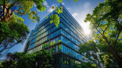 A sprawling modern office building towering over a vibrant foreground of lush green trees.