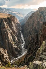 Fototapeta premium A rugged canyon with steep, craggy cliffs and a river flowing at the bottom, Generative AI