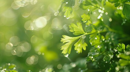 Obraz premium Close-up of wet parsley branch, soft light green blur background, rain drops, aromatic and fresh composition.