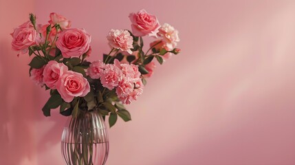 Pink roses in a vase pink wall background