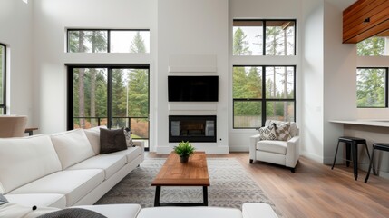 Stylish home interior with comfortable living quarters, detailed design, and a harmonious blend of modern and traditional elements, perfect lodging