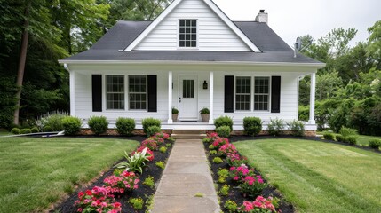 Traditional abode with a welcoming front porch, vibrant flower beds, and a well-kept lawn, representing classic family living
