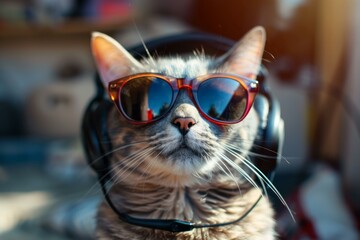 Stylish cat with headphones and sunglasses basking in the sun