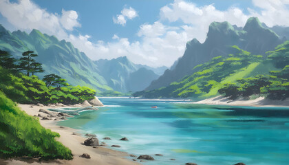 Peaceful mountain lake surrounded by colorful flora
Landscape painting of a pristine lake nestled between mountains Tranquil lake scene with lush green background