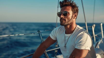 Attractive male in pristine t-shirt performing a task on the boat.