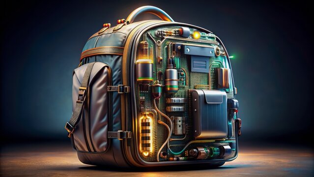 A futuristic, sleek, metallic backpack adorned with microchip patterns, wires, and circuits, ready for a tech-savvy student's academic journey.