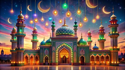 Vibrant colorful mosque with intricate architecture and decorated with lights, stars, and crescent moon for joyful Eid celebration atmosphere.