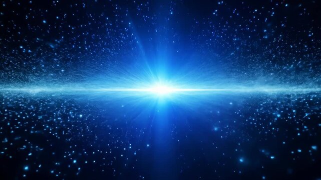 Intense blue light emanates from cosmic horizon. Brilliant starburst illuminates vast starfield. Radiant energy spreads across dark space, creating ethereal glow. 