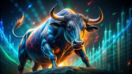 Aggressive bull's intense gaze contrasts with vibrant, swirling market trends and flashing trade lines on a dark, mysterious background.