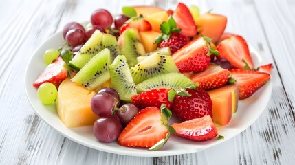 tempting fruit salad with a mixture of fresh fruits such as strawberries, grapes, kiwi and melon neatly arranged on a white plate