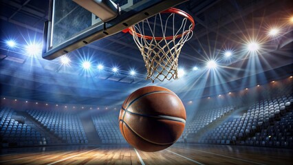 Closeup of leather-bound basketball soared through air, net swooshing open, spotlight shining down in darkened empty stadium atmosphere.