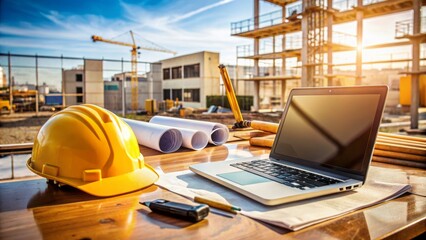 Yellow hard hats, glasses, and drafting tools lie on a desk surrounded by architectural blueprints and a laptop at a construction site.