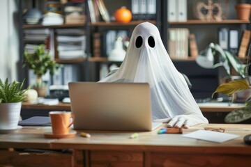 A ghost costume sitting at a desk with a laptop in a cozy home office environment, blending spooky fun with everyday work life. - Powered by Adobe