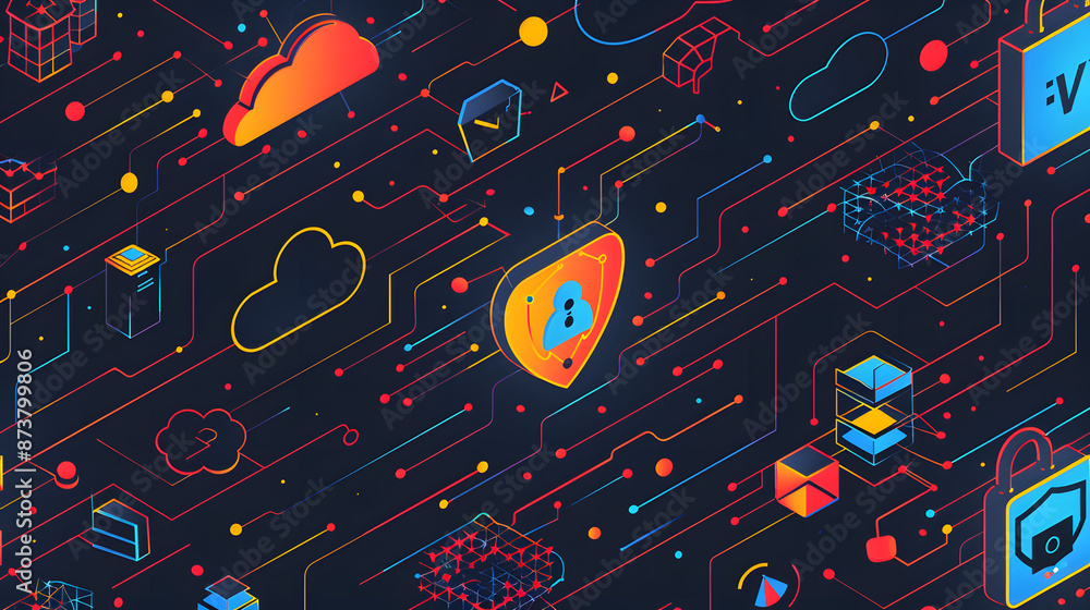 Poster a simple pattern illustration for a cloud and cyber security hero banner, icon based