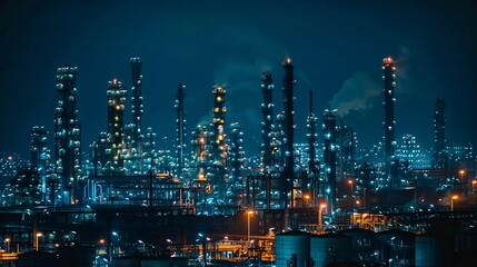 A petroleum processing facility with a tower, operating at night.