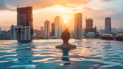 Fototapeta premium woman swimming in rooftop swimming pool, background of tall buildings with sunset in the afternoon