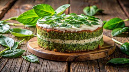 Freshly baked spinach cake with cream cheese frosting on a rustic wooden table surrounded by green leaves.
