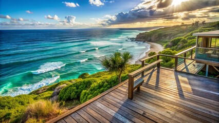 Serene seaside dwelling with weathered wooden deck, surrounded by lush greenery, overlooking vast expanse of turquoise ocean waves.